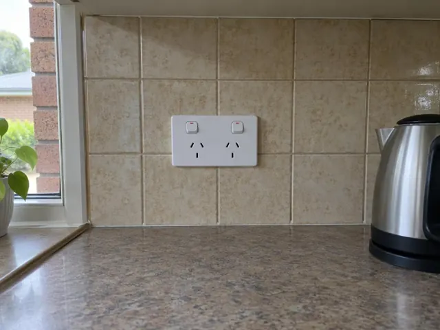 Double power point on tiled kitchen splashback above a benchtop in Labrador