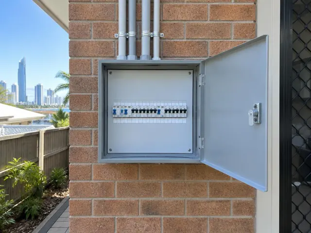 Outdoor switchboard in a brick wall with conduits above in Surfers Paradise